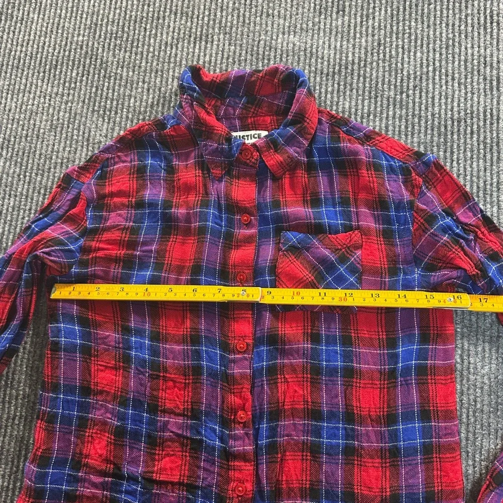 Justice Girls Perfect Plaid Button Down Shirt Size 12 Red Blue Soft Flannel